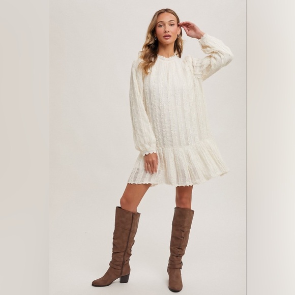 Dazy Ivory Ruffle Trimmed Puff Sleeve Mock Neck Dress Size Small - Picture 3 of 8